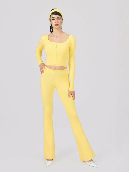Nana Jacqueline Holly Pants: Yellow Knit Pants for Resort Brunch Yellow