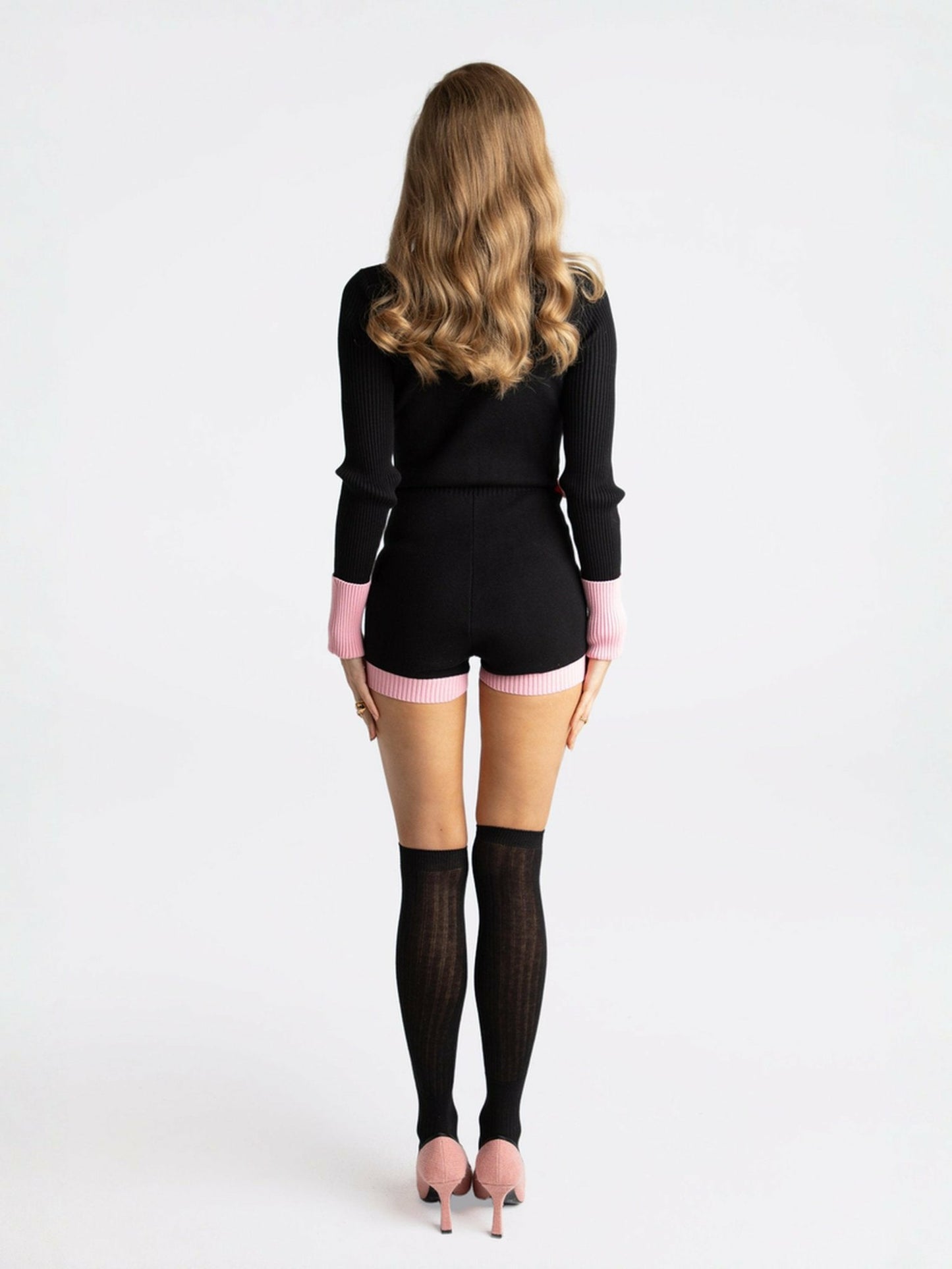 Nana Jacqueline Matilda Knit Jumpsuit: Black Knit Jumpsuit for Girls' Night Out Black & Pink