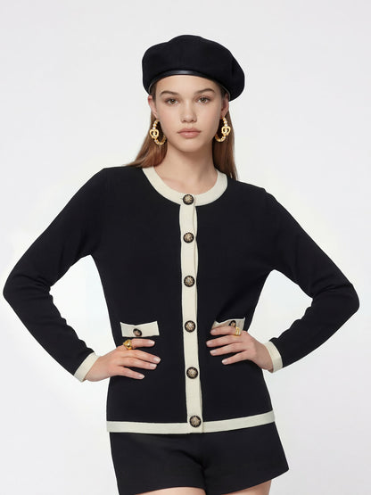 Nana Jacqueline Yvette Contrast Knit Black Cardigan: Black Cardigan for Weekend Brunch Black