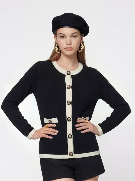 Nana Jacqueline Yvette Contrast Knit Black Cardigan: Black Cardigan for Weekend Brunch Black