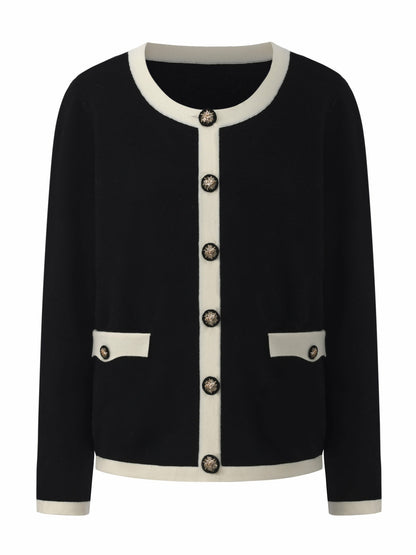Nana Jacqueline Yvette Contrast Knit Black Cardigan: Black Cardigan for Weekend Brunch Black
