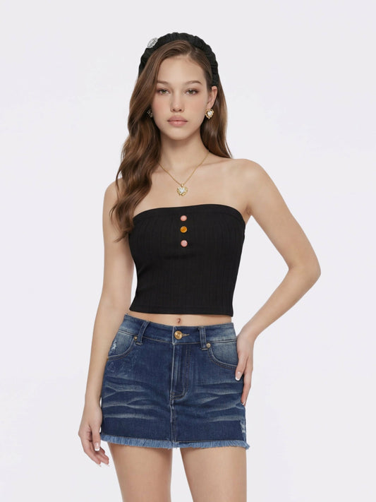 Nana Jacqueline Black Strapless Knit Top with Gemstone Buttons Black