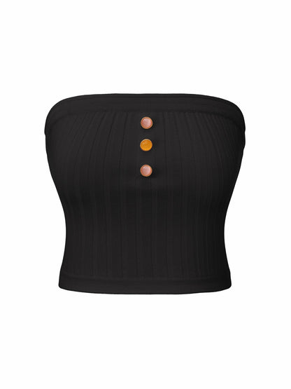 Nana Jacqueline Black Strapless Knit Top with Gemstone Buttons Black