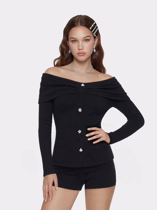 Nana Jacqueline Brigitte Off-Shoulder Knit Black Top: Black Knit Top for Date Night Black