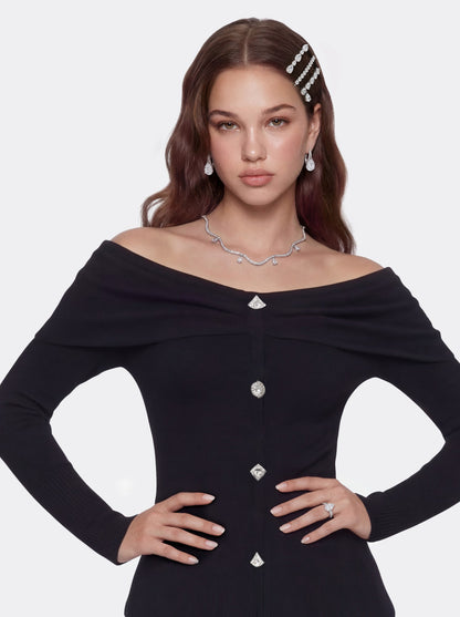 Nana Jacqueline Brigitte Off-Shoulder Knit Black Top: Black Knit Top for Date Night Black