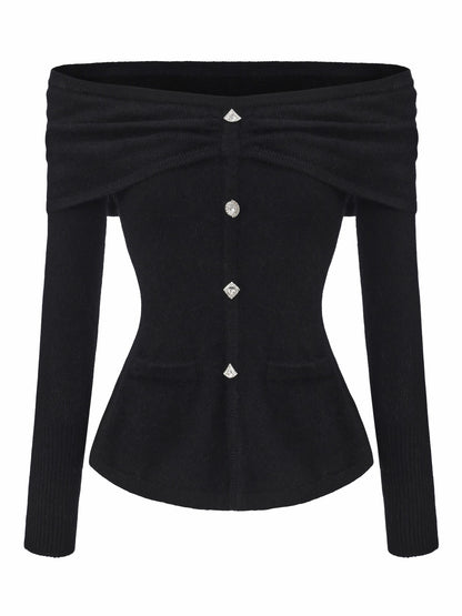 Nana Jacqueline Brigitte Off-Shoulder Knit Black Top: Black Knit Top for Date Night Black