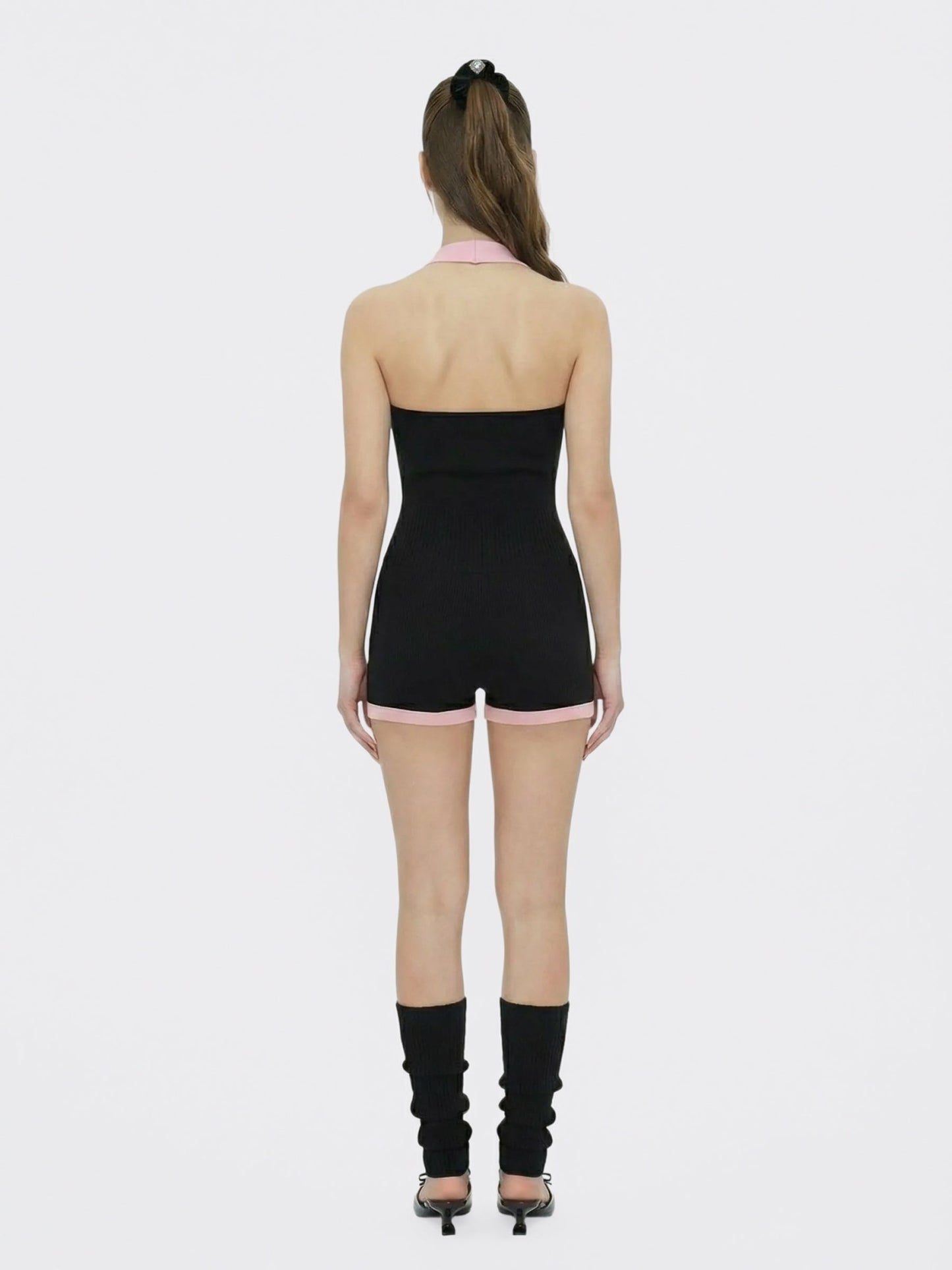 Nana Jacqueline Black Halter Knit Romper with Pink Contrast Black