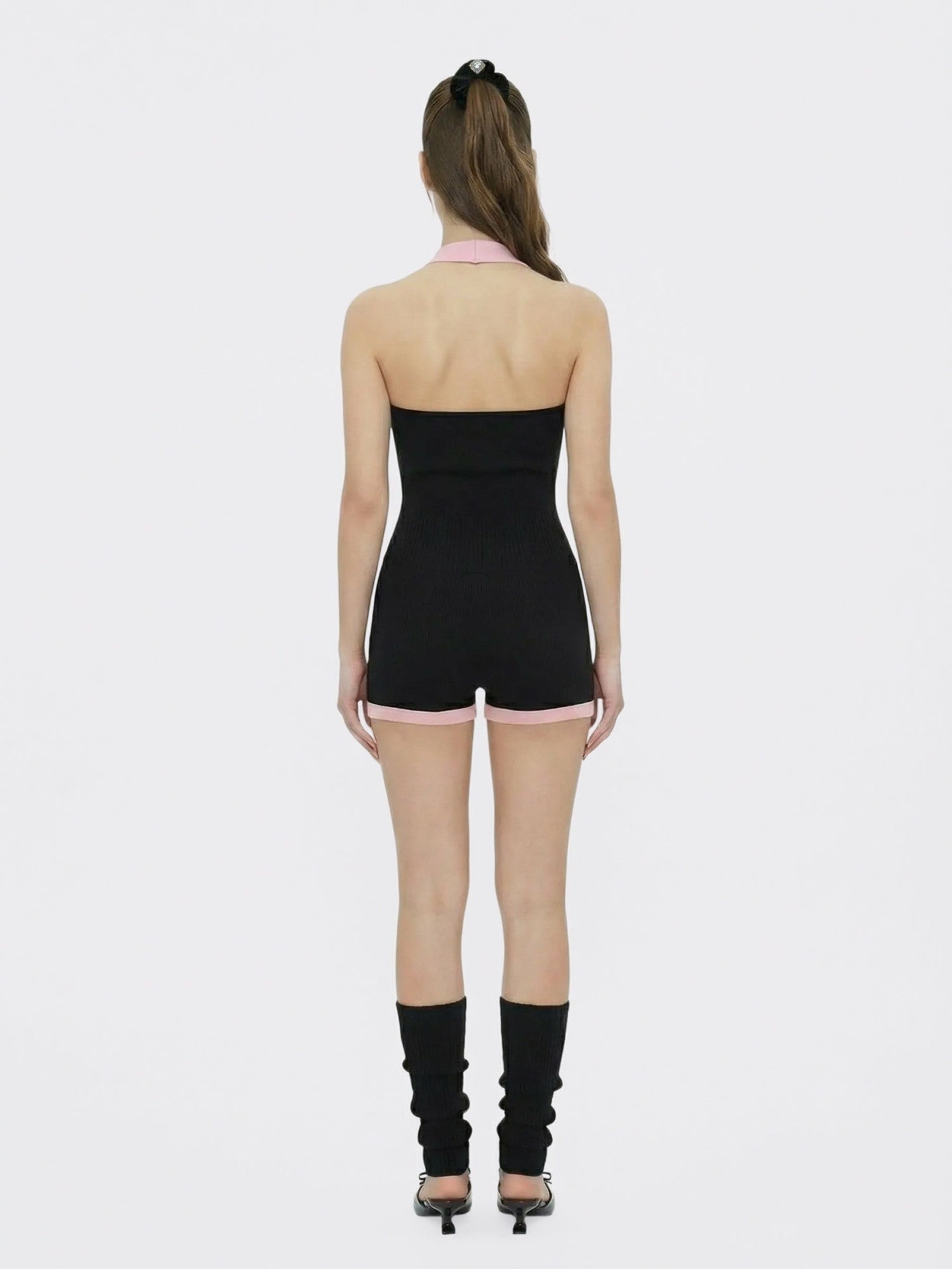 Nana Jacqueline Black Halter Knit Romper with Pink Contrast Black