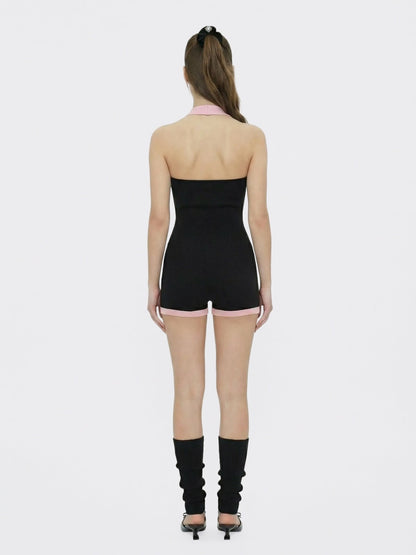 Nana Jacqueline Black Halter Knit Romper with Pink Contrast Black