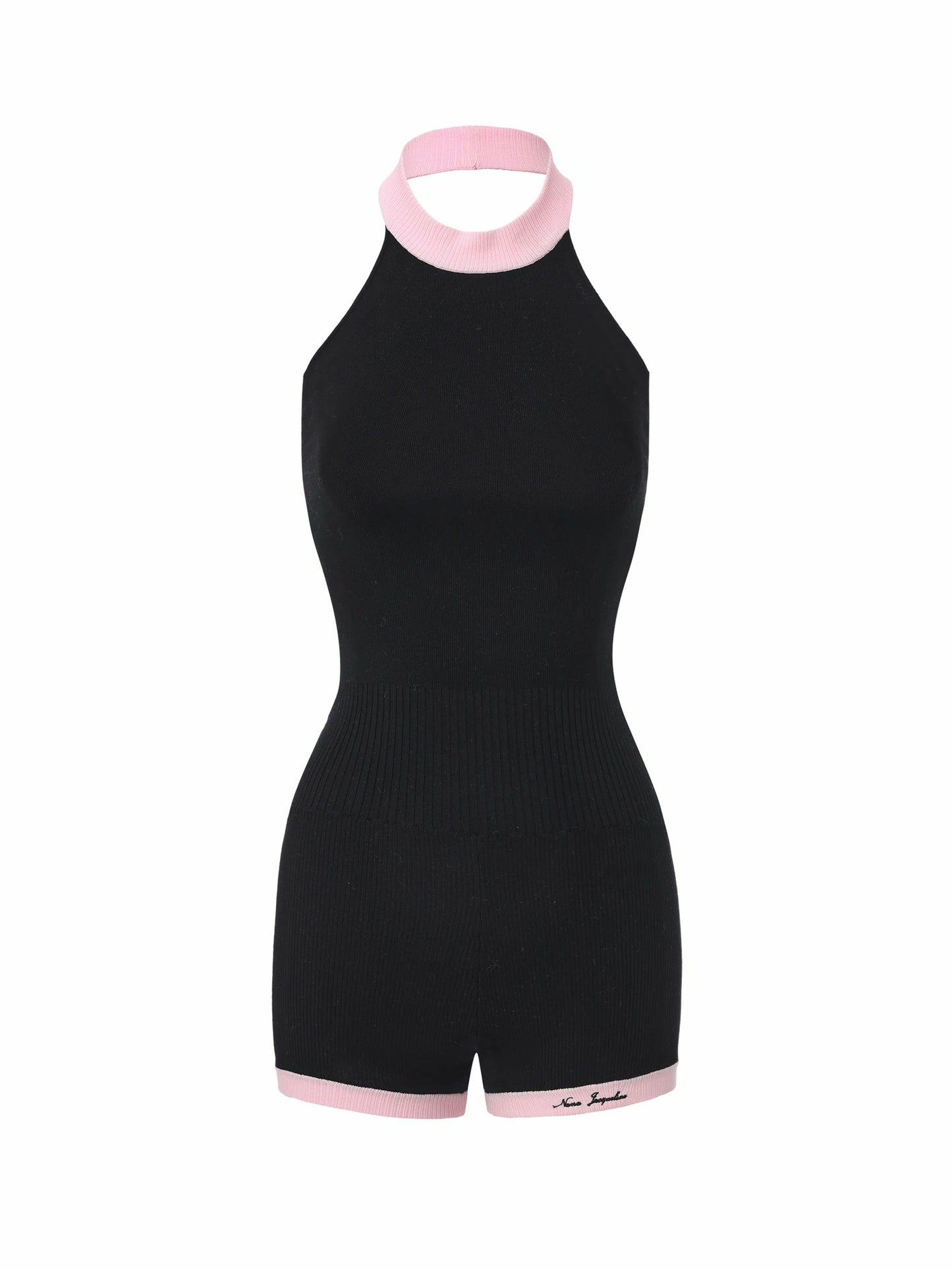 Nana Jacqueline Black Halter Knit Romper with Pink Contrast Black
