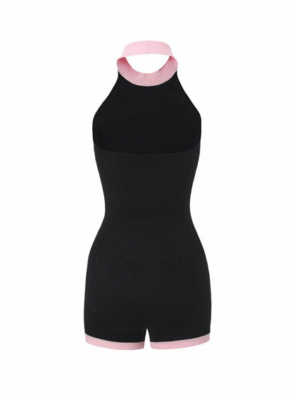 Nana Jacqueline Black Halter Knit Romper with Pink Contrast Black