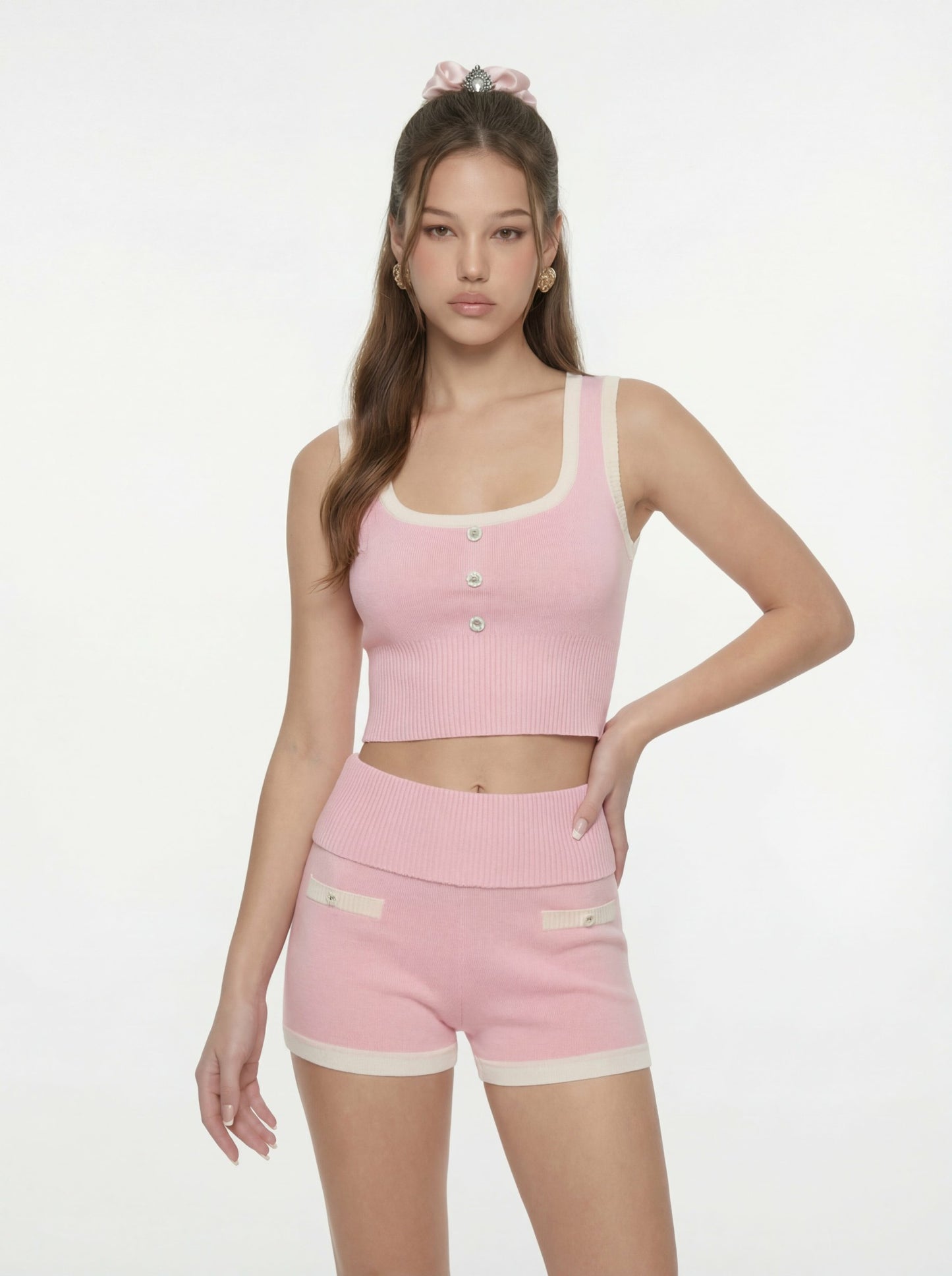 Nana Jacqueline Pink Contrast-Trim Knit Vest with Pearl Buttons Pink