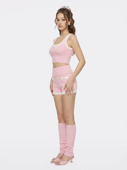 Nana Jacqueline Pink Contrast-Trim Knit Vest with Pearl Buttons Pink
