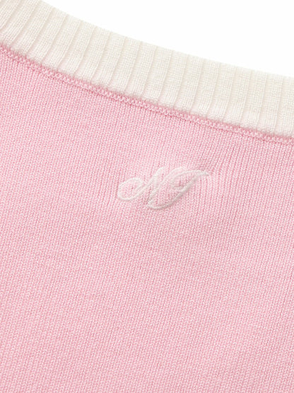 Nana Jacqueline Pink Contrast-Trim Knit Vest with Pearl Buttons Pink