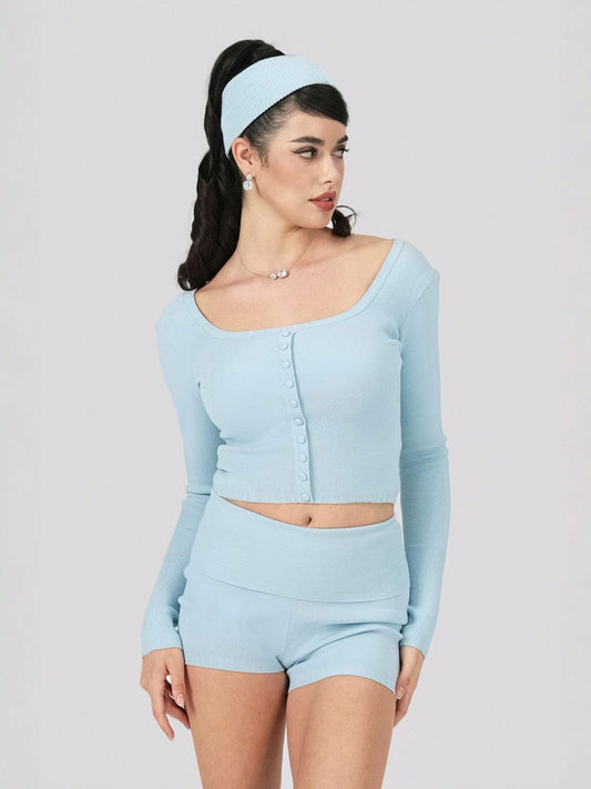 Nana Jacqueline Holly Shorts: Blue Knit Shorts for Resort Vacation Blue