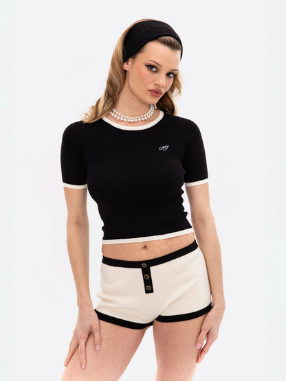 Nana Jacqueline Luna Top: Black Knit Top for Brunch Black & White