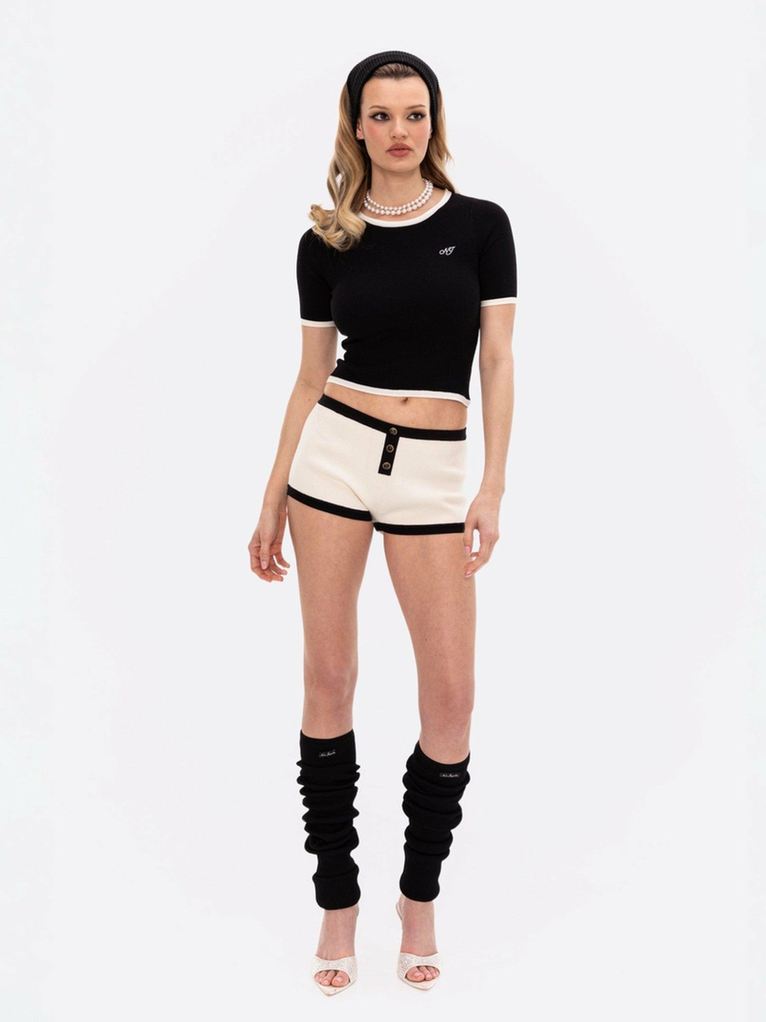 Nana Jacqueline Luna Top: Black Knit Top for Brunch Black & White