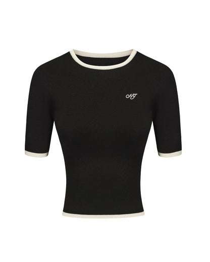 Nana Jacqueline Luna Top: Black Knit Top for Brunch Black & White