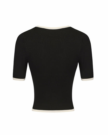 Nana Jacqueline Luna Top: Black Knit Top for Brunch Black & White