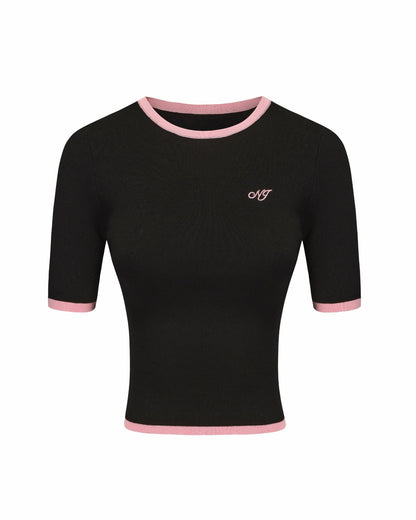 Nana Jacqueline Luna Top: Black Pink Knit Top for Country Club Brunch Black & Pink