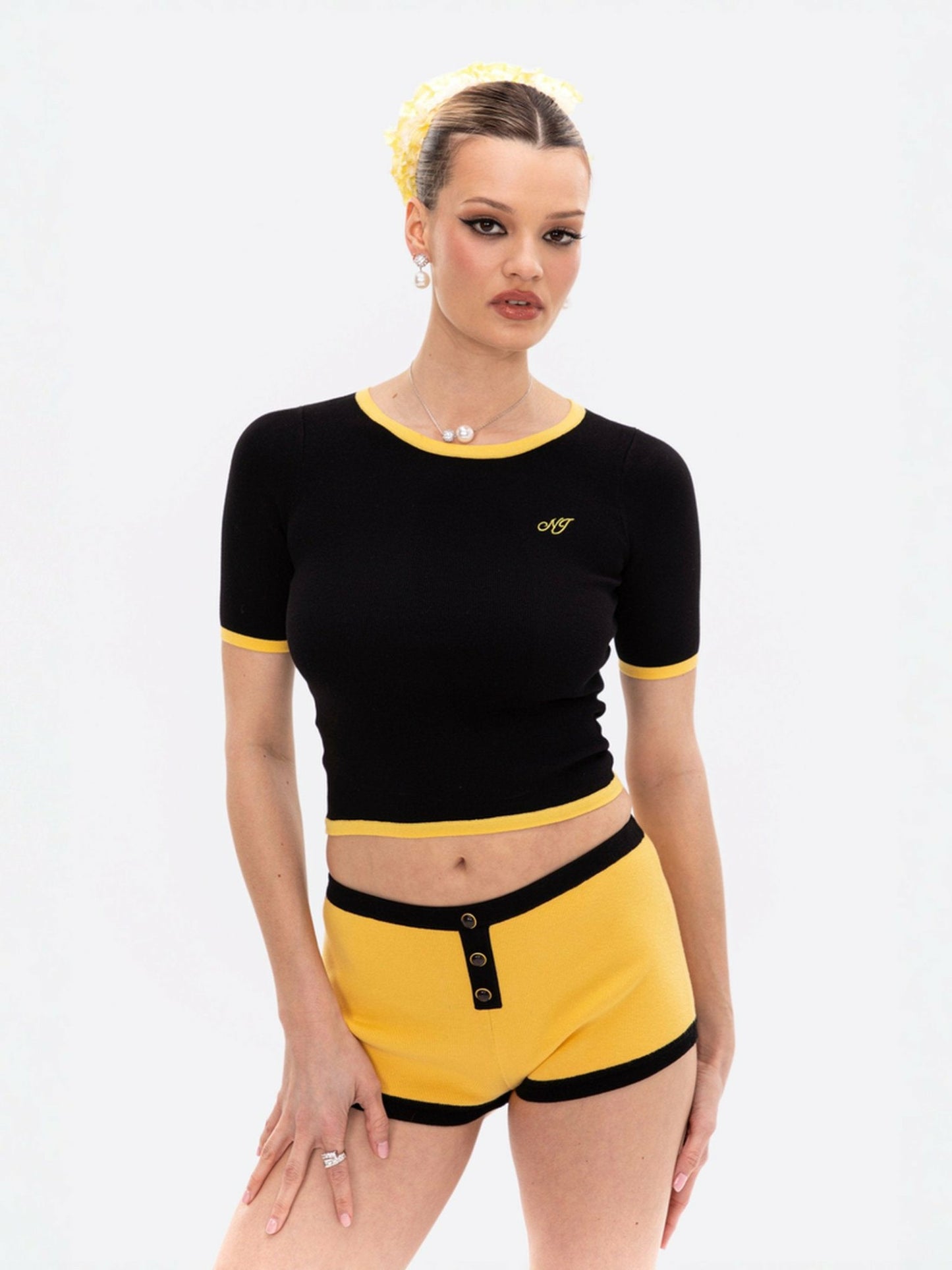 Nana Jacqueline Luna Top: Black Knit Top for Resort Brunch Black & Yellow