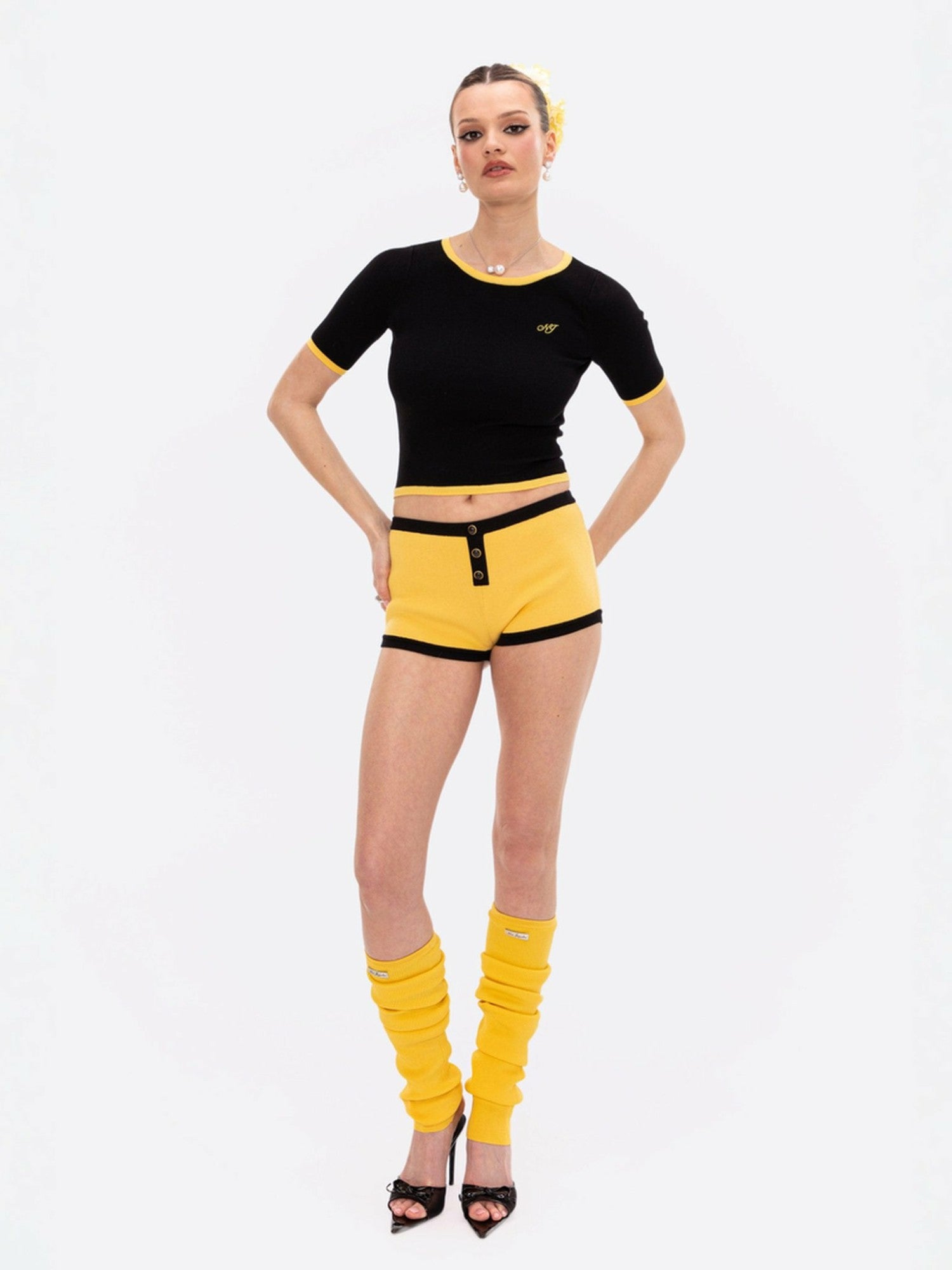 Nana Jacqueline Luna Top: Black Knit Top for Resort Brunch Black & Yellow