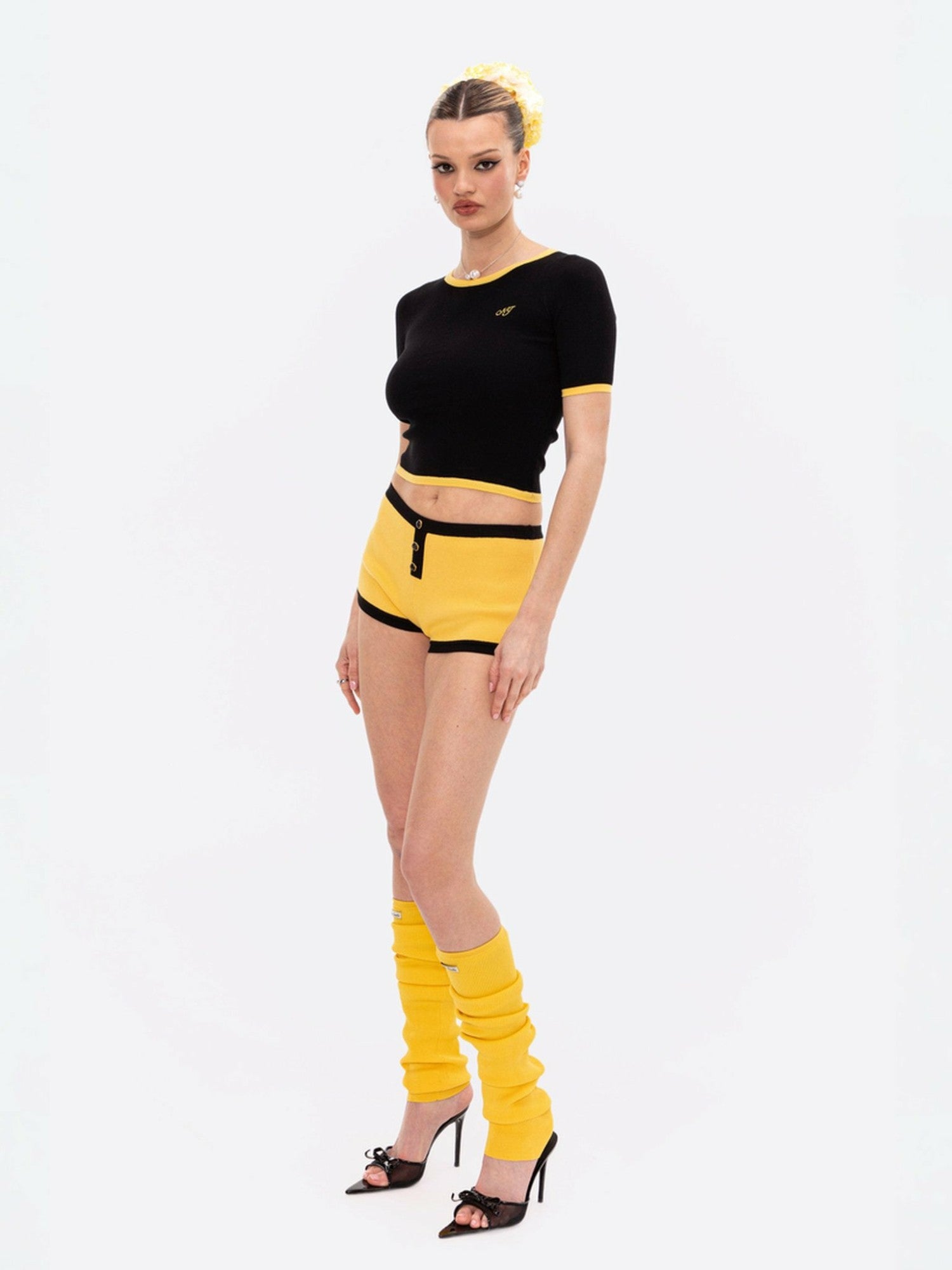 Nana Jacqueline Luna Top: Black Knit Top for Resort Brunch Black & Yellow