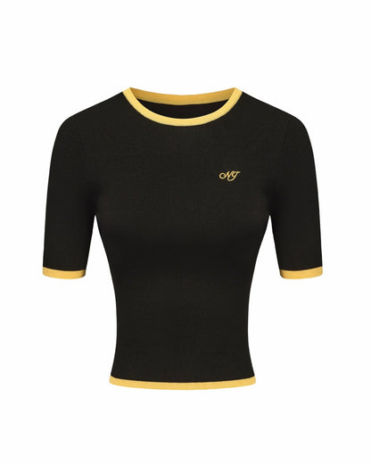 Nana Jacqueline Luna Top: Black Knit Top for Resort Brunch Black & Yellow