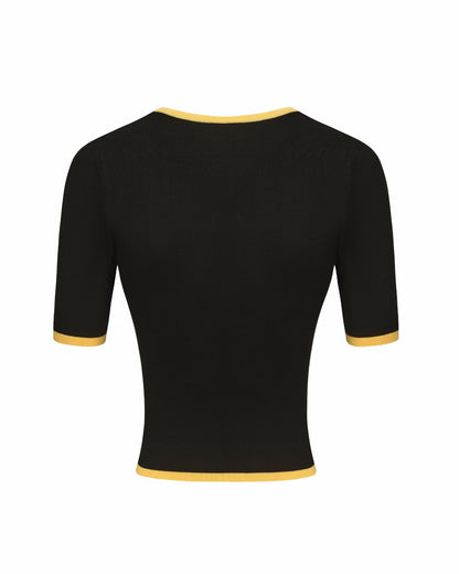 Nana Jacqueline Luna Top: Black Knit Top for Resort Brunch Black & Yellow