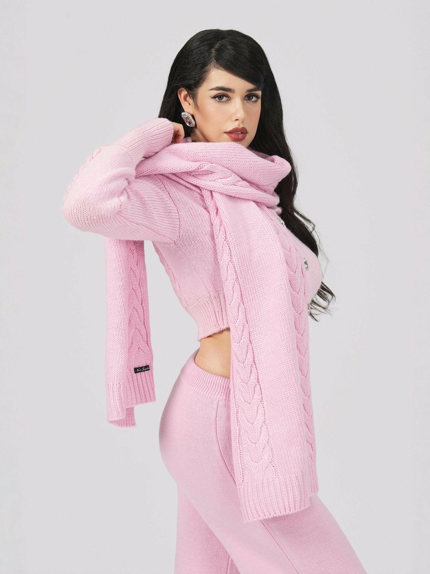 Nana Jacqueline Addison Coat + Scarf Set: Pink Knit Set for Resort Brunch Pink