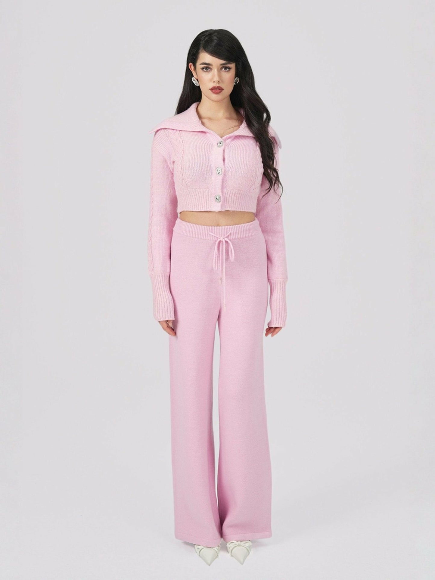 Nana Jacqueline Addison Coat + Scarf Set: Pink Knit Set for Resort Brunch Pink