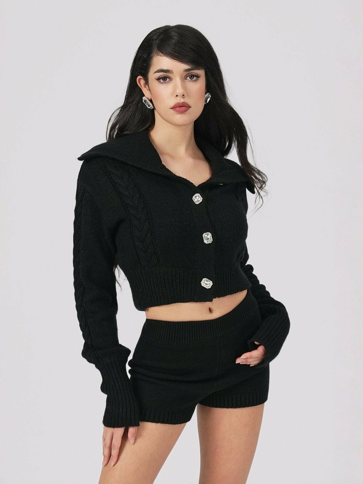 Nana Jacqueline Addison Coat + Scarf Set: Black Knit Set for Date Night Black