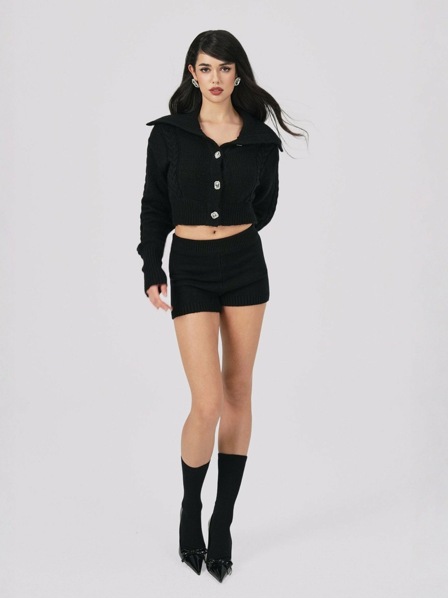 Nana Jacqueline Addison Coat + Scarf Set: Black Knit Set for Date Night Black