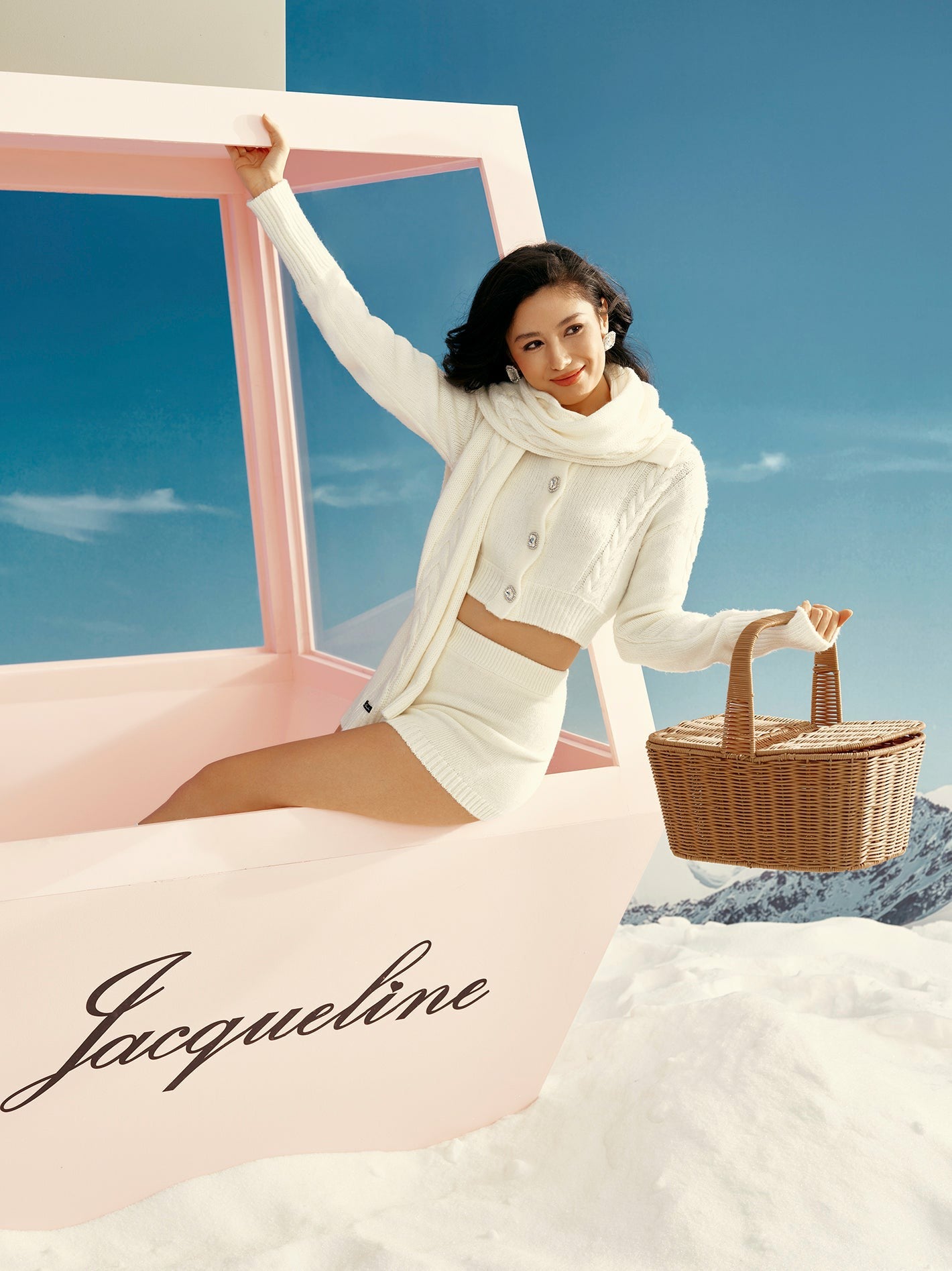 Nana Jacqueline Addison Coat + Scarf Set: White Knit Set for Resort Brunch White