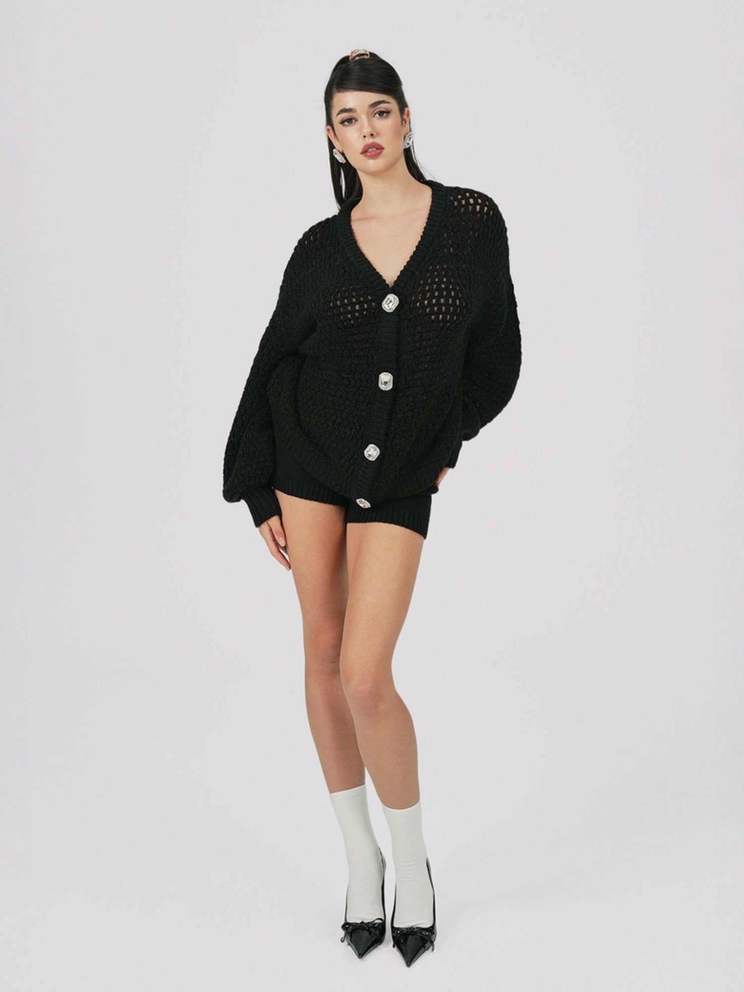 Nana Jacqueline Alexis Cardigan + Scarf Set: Black Knit Set for Luxury Leisure Black