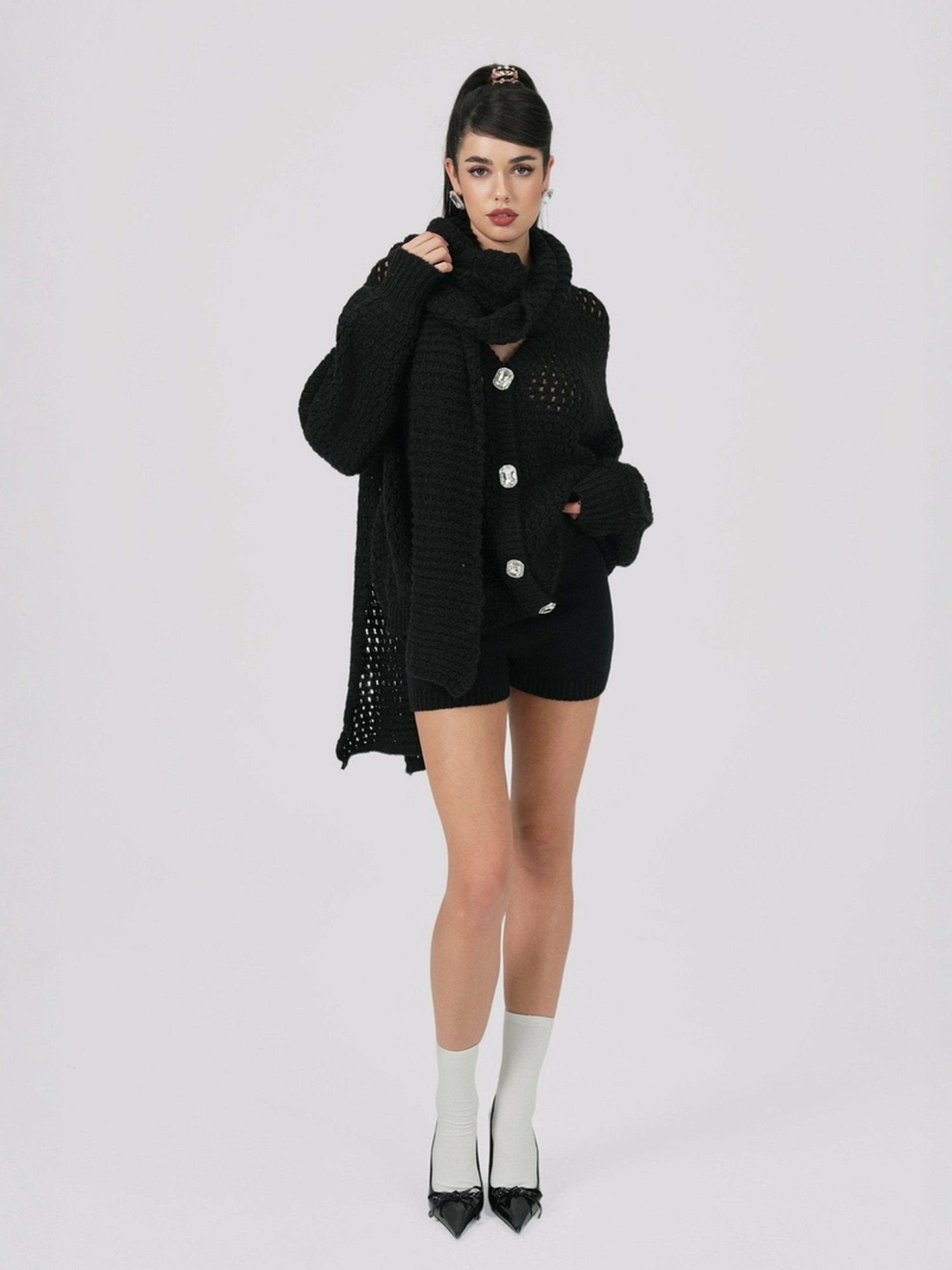 Nana Jacqueline Alexis Cardigan + Scarf Set: Black Knit Set for Luxury Leisure Black