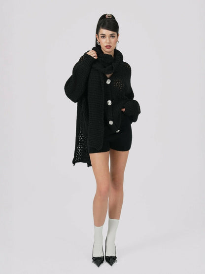 Nana Jacqueline Alexis Cardigan + Scarf Set: Black Knit Set for Luxury Leisure Black