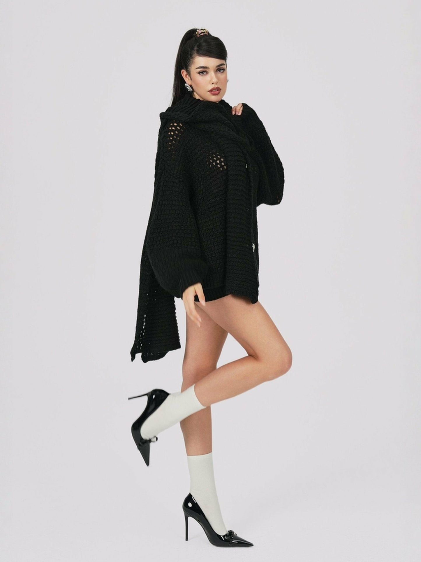 Nana Jacqueline Alexis Cardigan + Scarf Set: Black Knit Set for Luxury Leisure Black