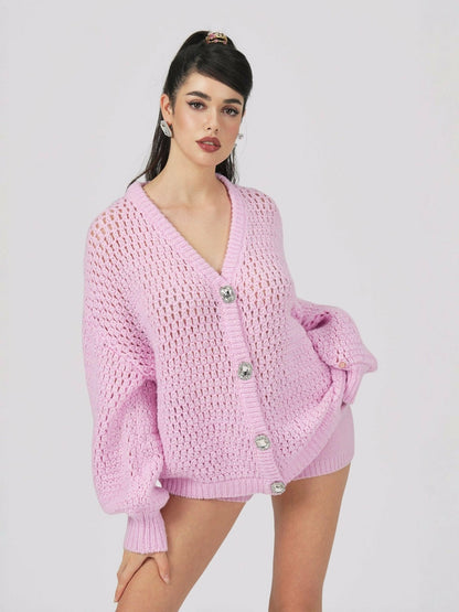 Nana Jacqueline Alexis Cardigan + Scarf Set: Pink Knit Set for Resort Brunch Pink