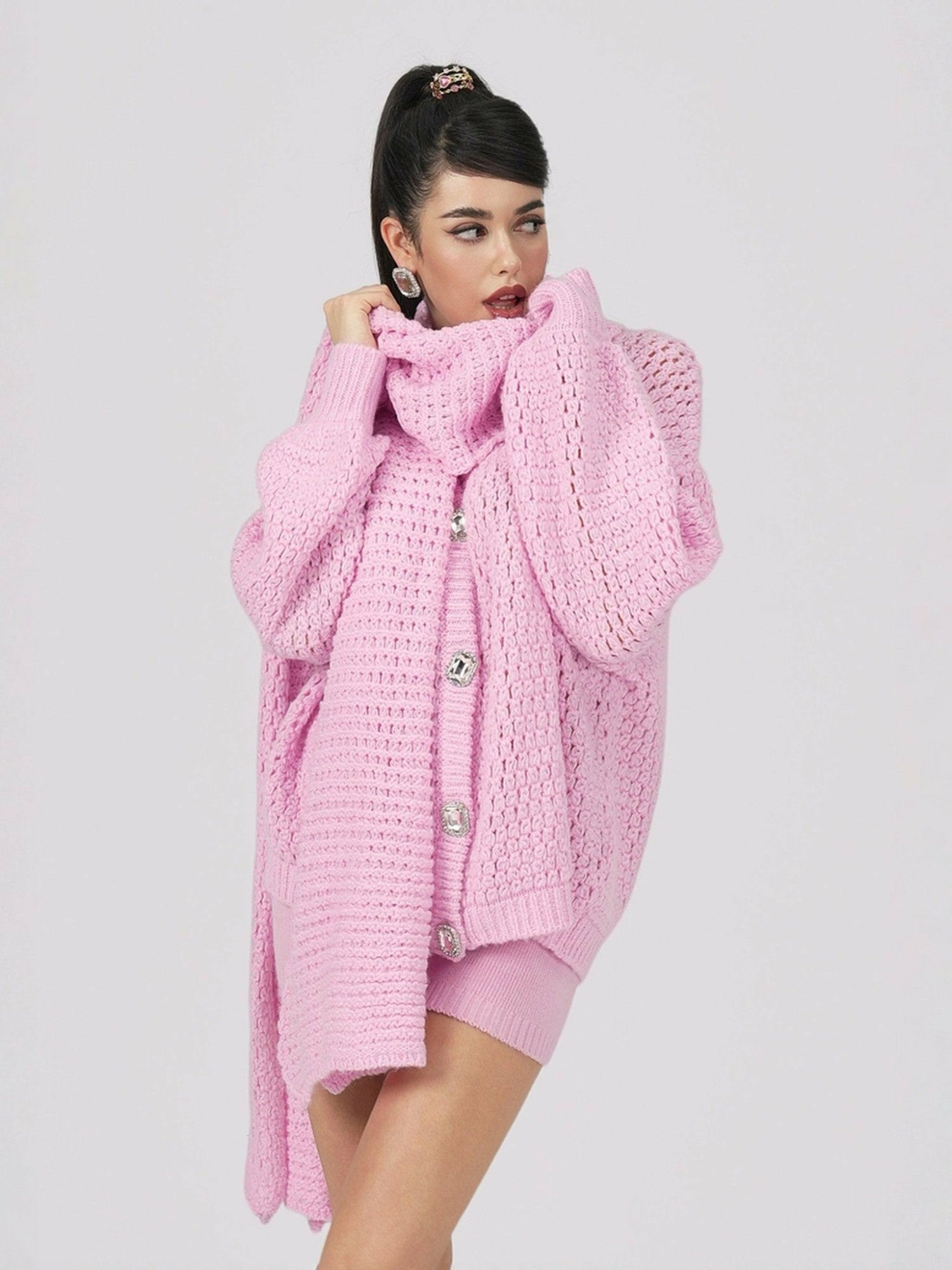 Nana Jacqueline Alexis Cardigan + Scarf Set: Pink Knit Set for Resort Brunch Pink