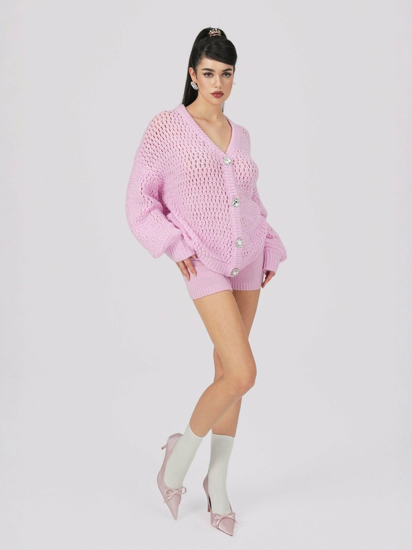 Nana Jacqueline Alexis Shorts: Pink Knit Shorts for Resort Brunch Pink