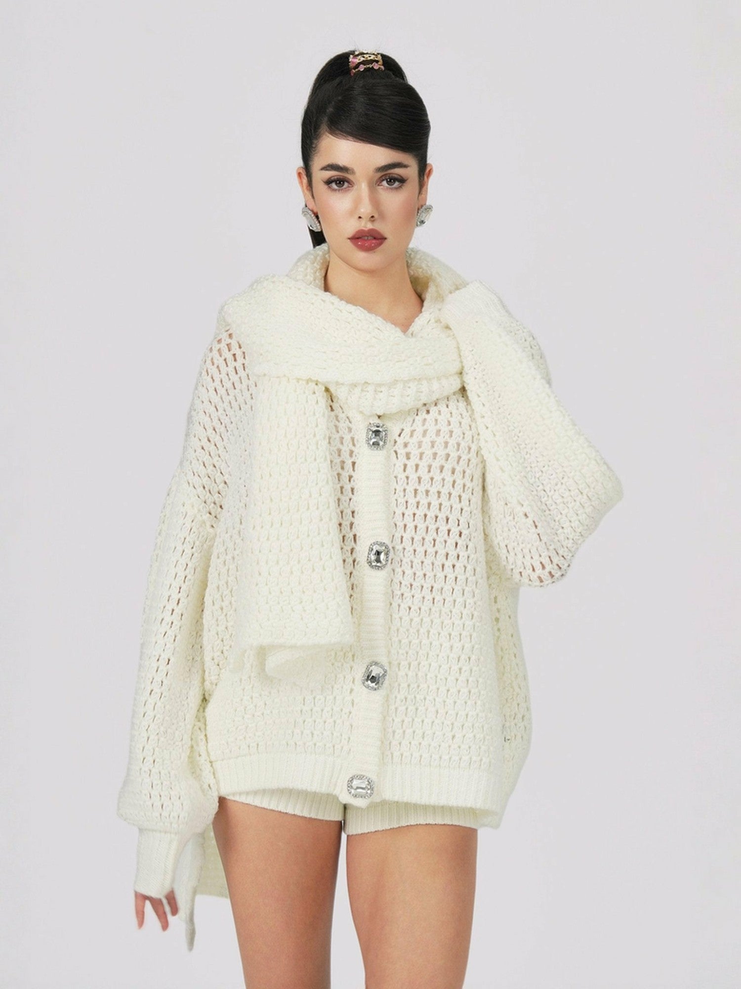 Nana Jacqueline Alexis Cardigan + Scarf Set: White Knit Set for Resort Brunch White