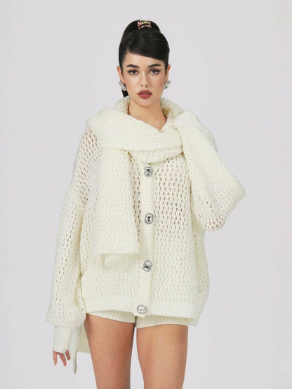 Nana Jacqueline Alexis Cardigan + Scarf Set: White Knit Set for Resort Brunch White