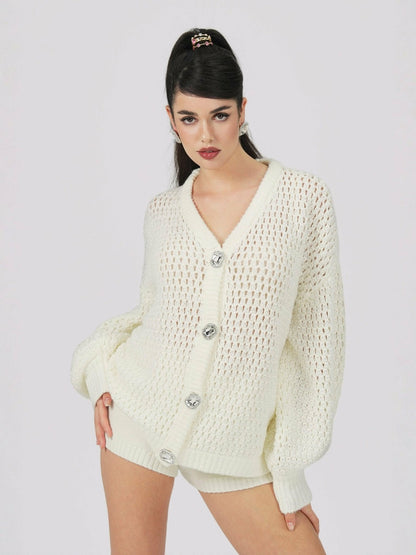 Nana Jacqueline Alexis Cardigan + Scarf Set: White Knit Set for Resort Brunch White