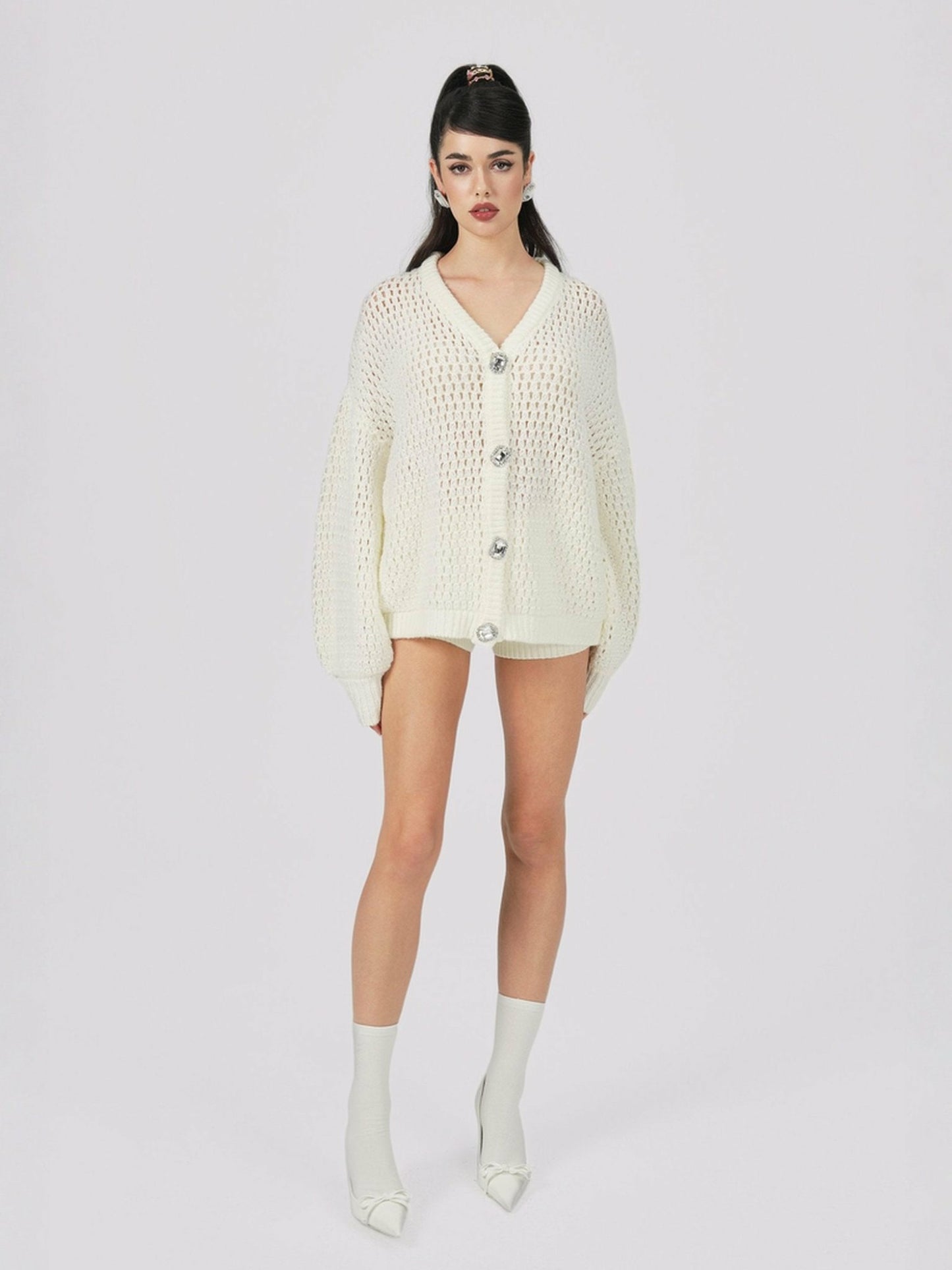 Nana Jacqueline Alexis Cardigan + Scarf Set: White Knit Set for Resort Brunch White