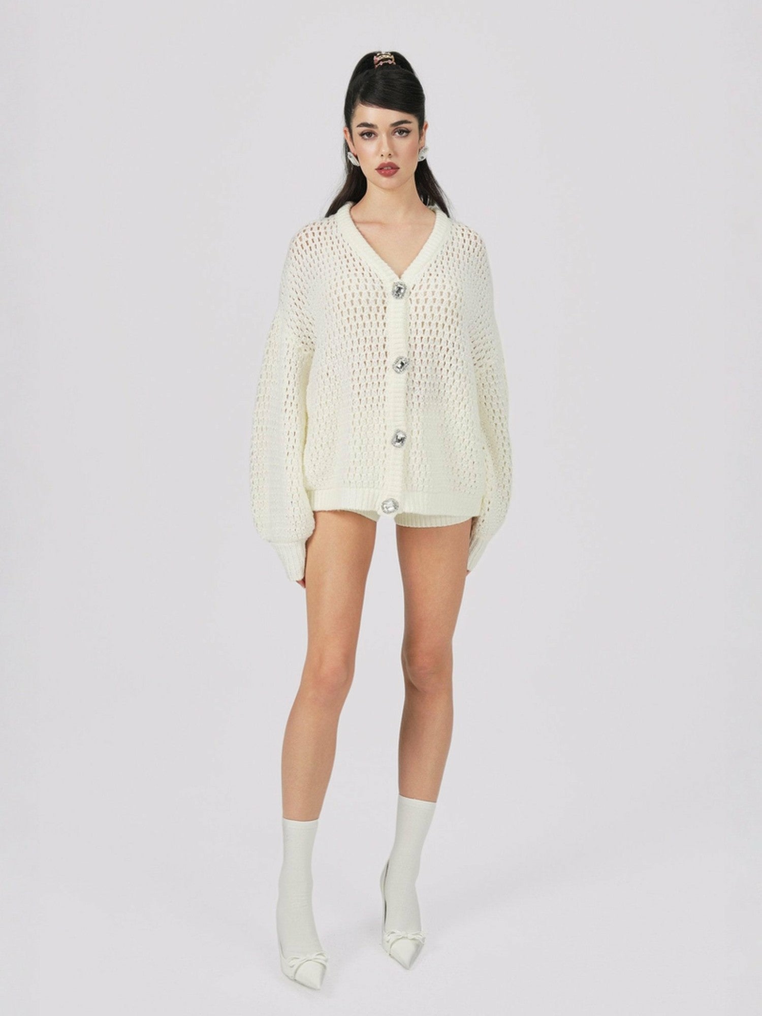 Nana Jacqueline Alexis Cardigan + Scarf Set: White Knit Set for Resort Brunch White