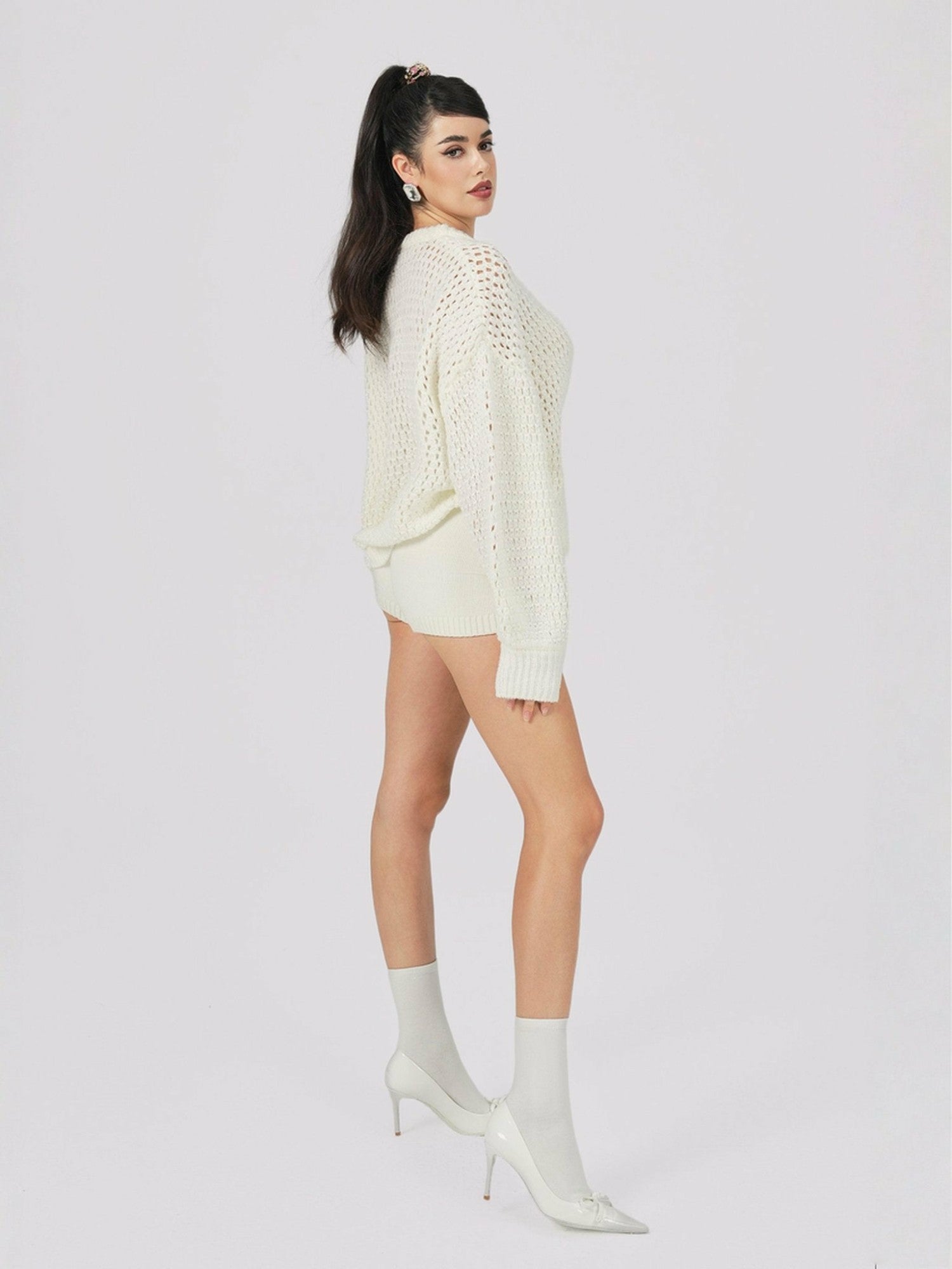 Nana Jacqueline Alexis Cardigan + Scarf Set: White Knit Set for Resort Brunch White