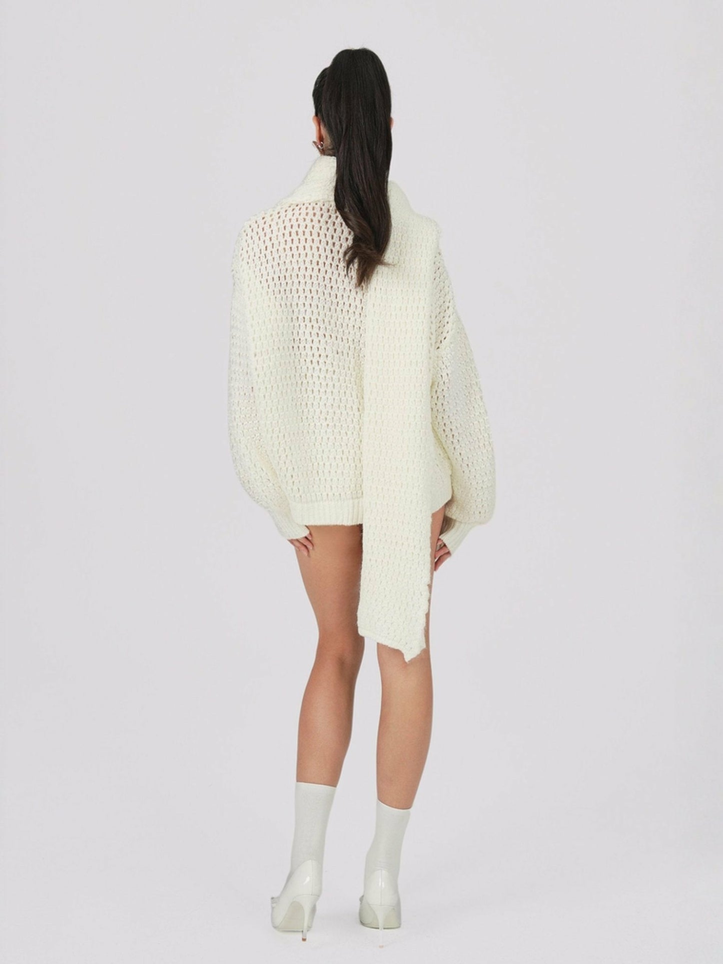 Nana Jacqueline Alexis Cardigan + Scarf Set: White Knit Set for Resort Brunch White