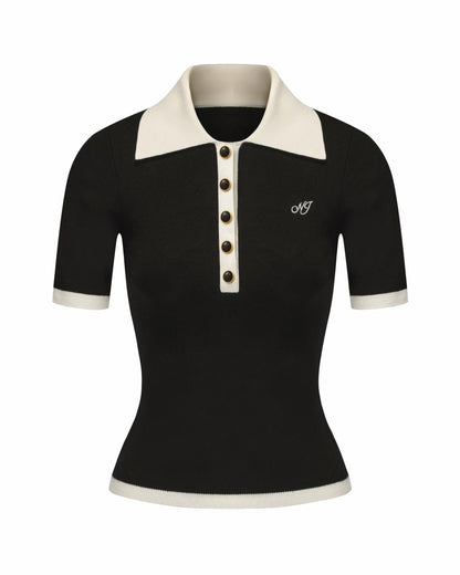 Nana Jacqueline Hazel Polo Top: Black Knit Top for Country Club Brunch Black