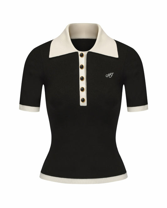 Nana Jacqueline Hazel Polo Top: Black Knit Top for Country Club Brunch Black